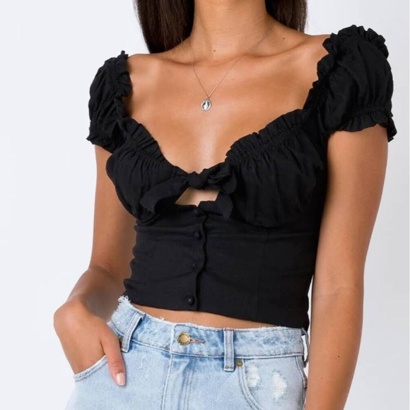 Princess Polly Tops - Princess Polly Elouise Crop Top Black Corset Style Linen Blend Women's 0 EUC